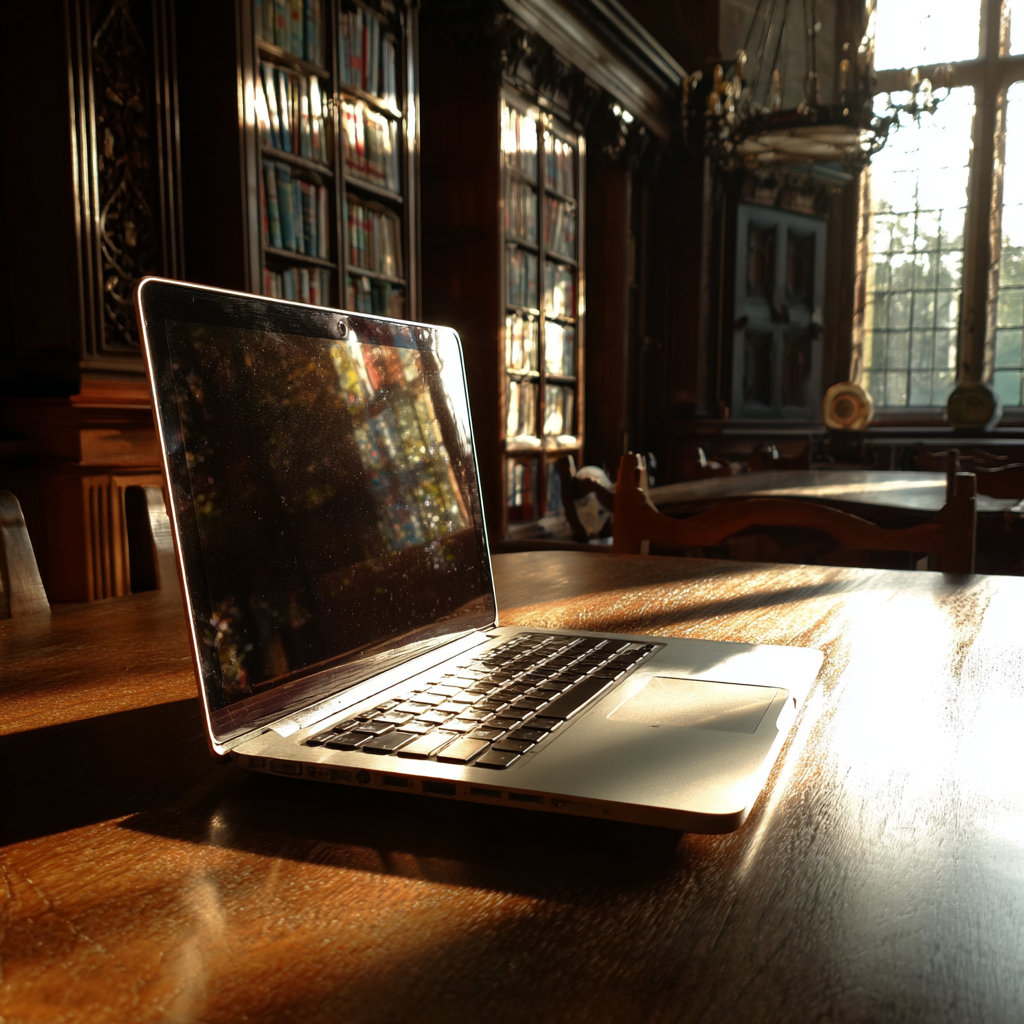 Un portátil sobre una mesa en una biblioteca | Fuente: Midjourney