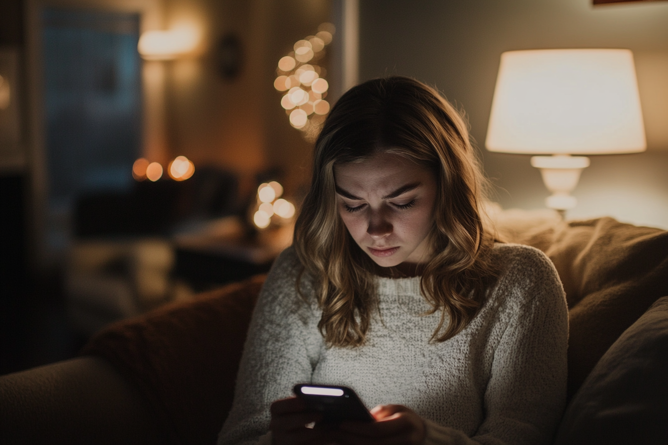 Una mujer frunce el ceño mientras consulta su teléfono | Fuente: Midjourney