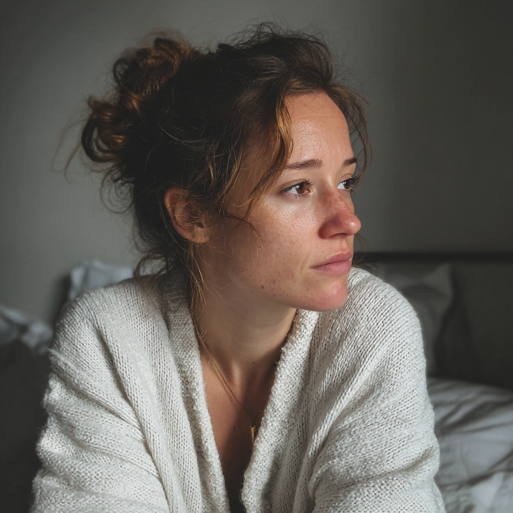 Una mujer preocupada con un moño desordenado | Fuente: Midjourney