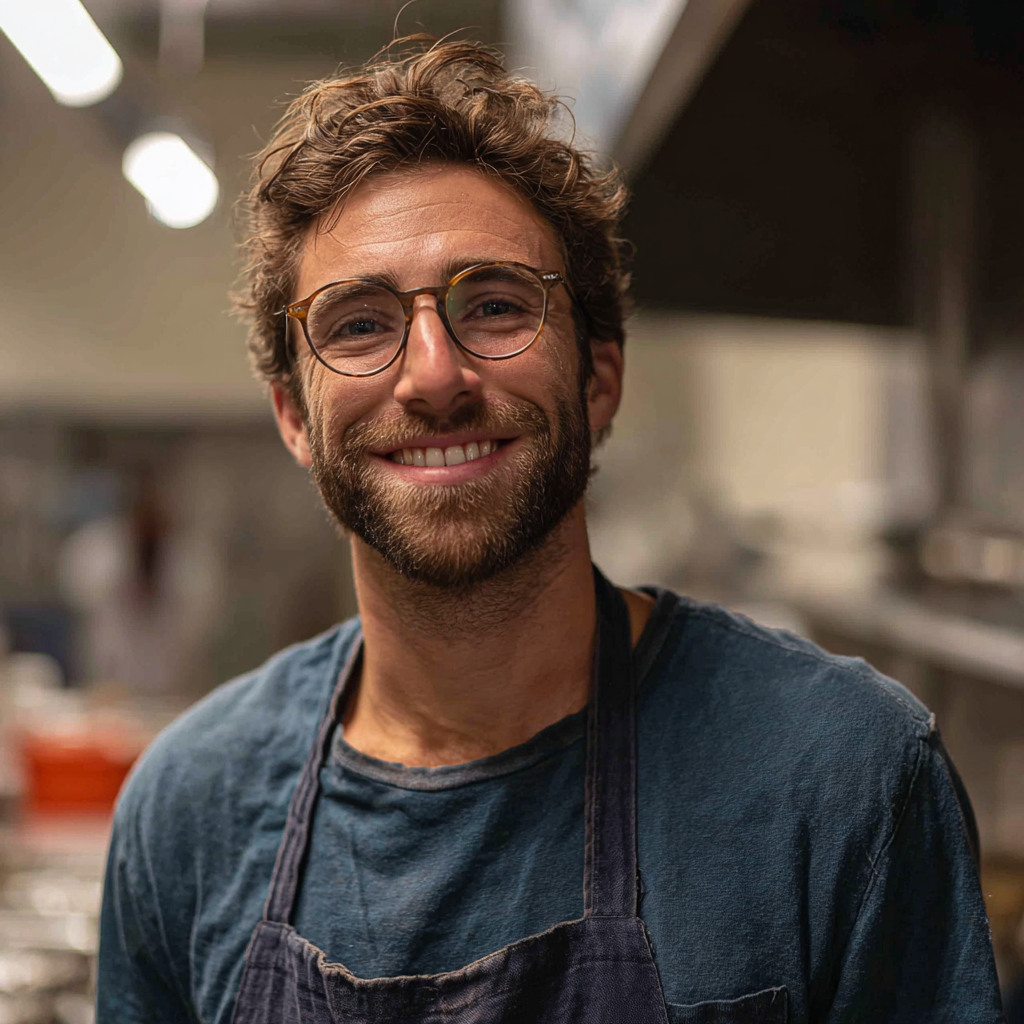 Un hombre sonriente con un delantal | Fuente: Midjourney