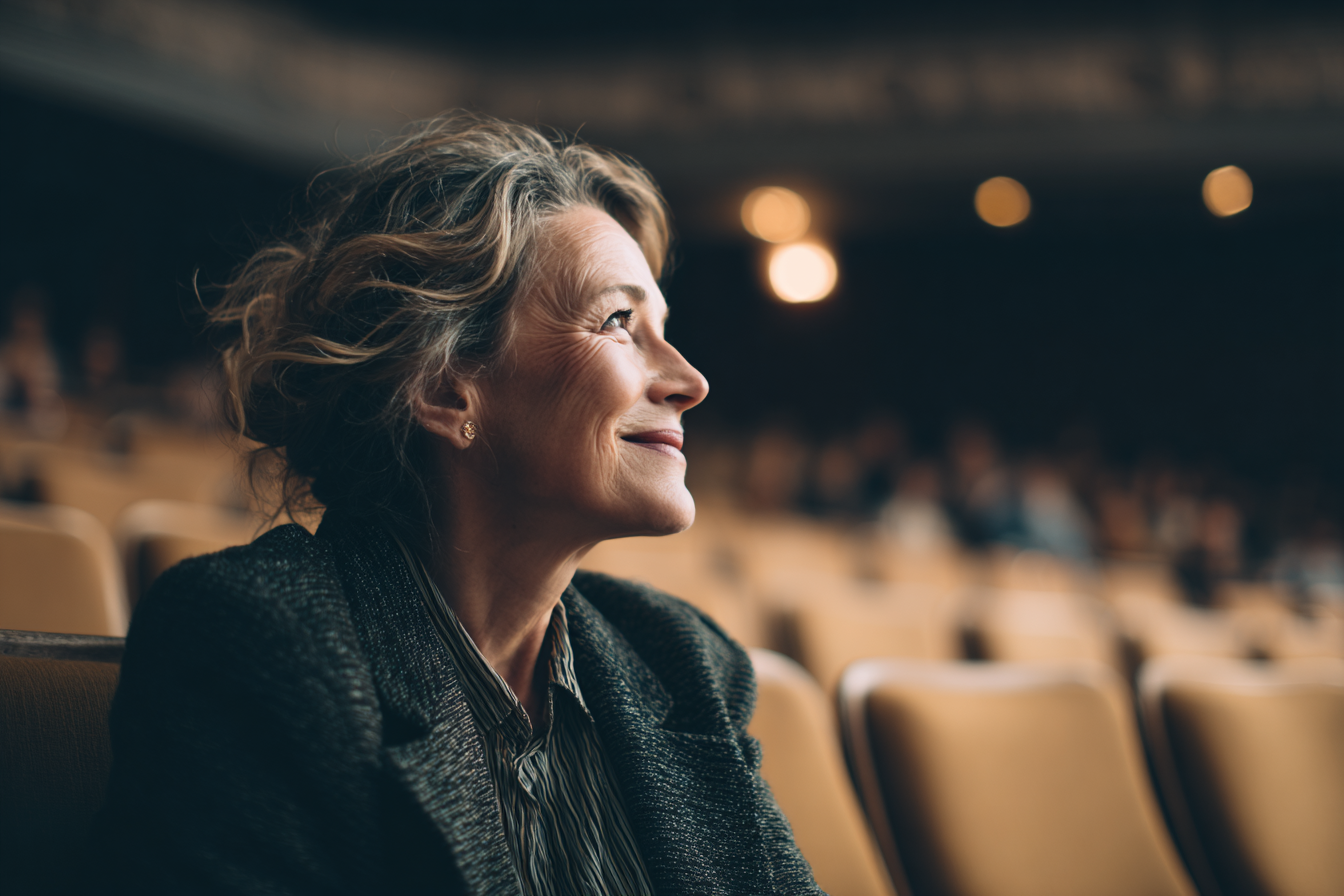 Una mujer sonriente sentada en un auditorio | Fuente: Midjourney