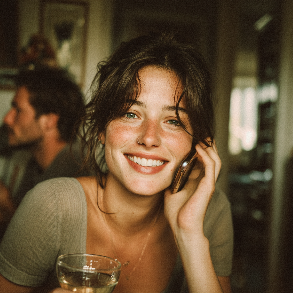 Una mujer feliz en una llamada mientras sostiene una bebida | Fuente: Midjourney