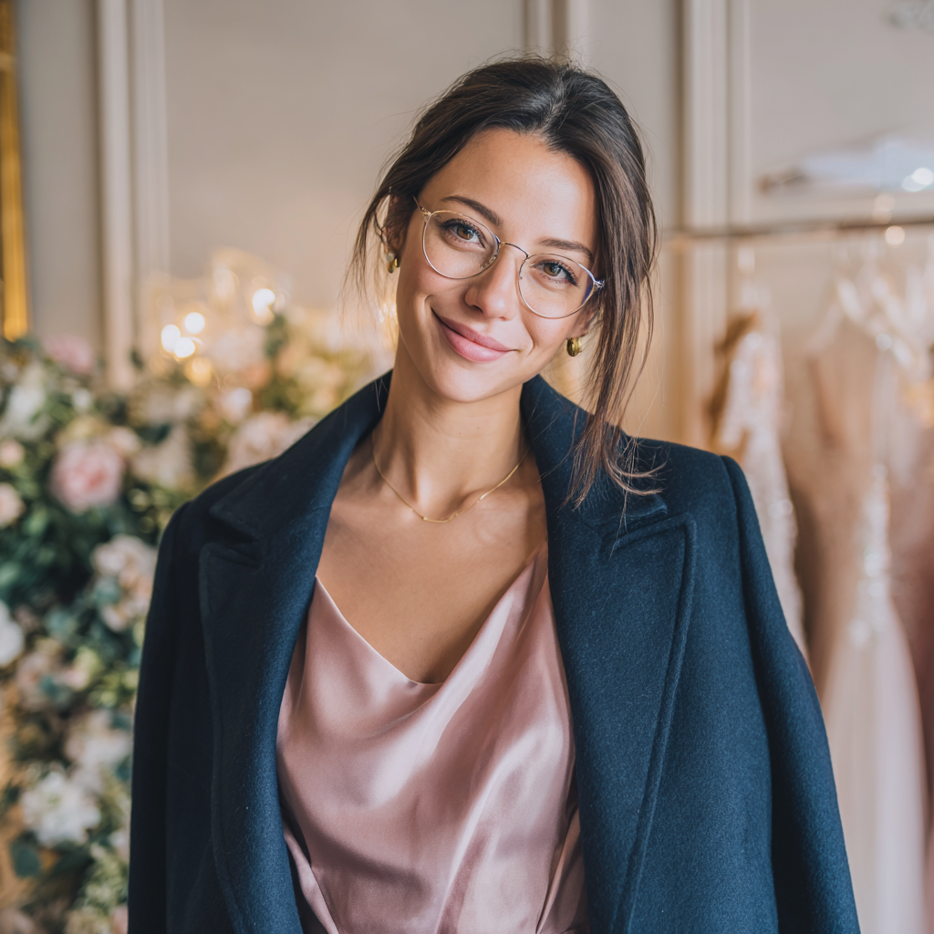 Una mujer sonriente con un abrigo azul marino | Fuente: Midjourney