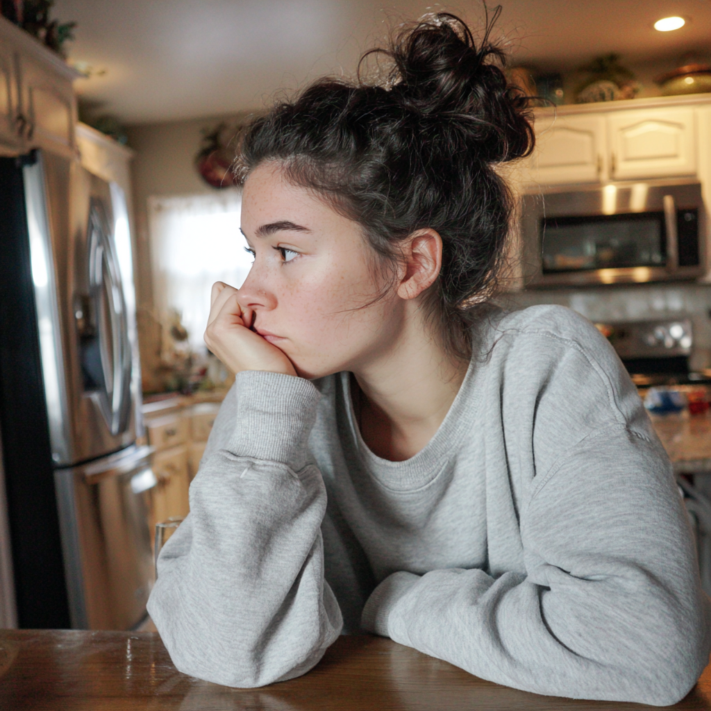 Una joven sentada en la encimera de la cocina | Fuente: Midjourney