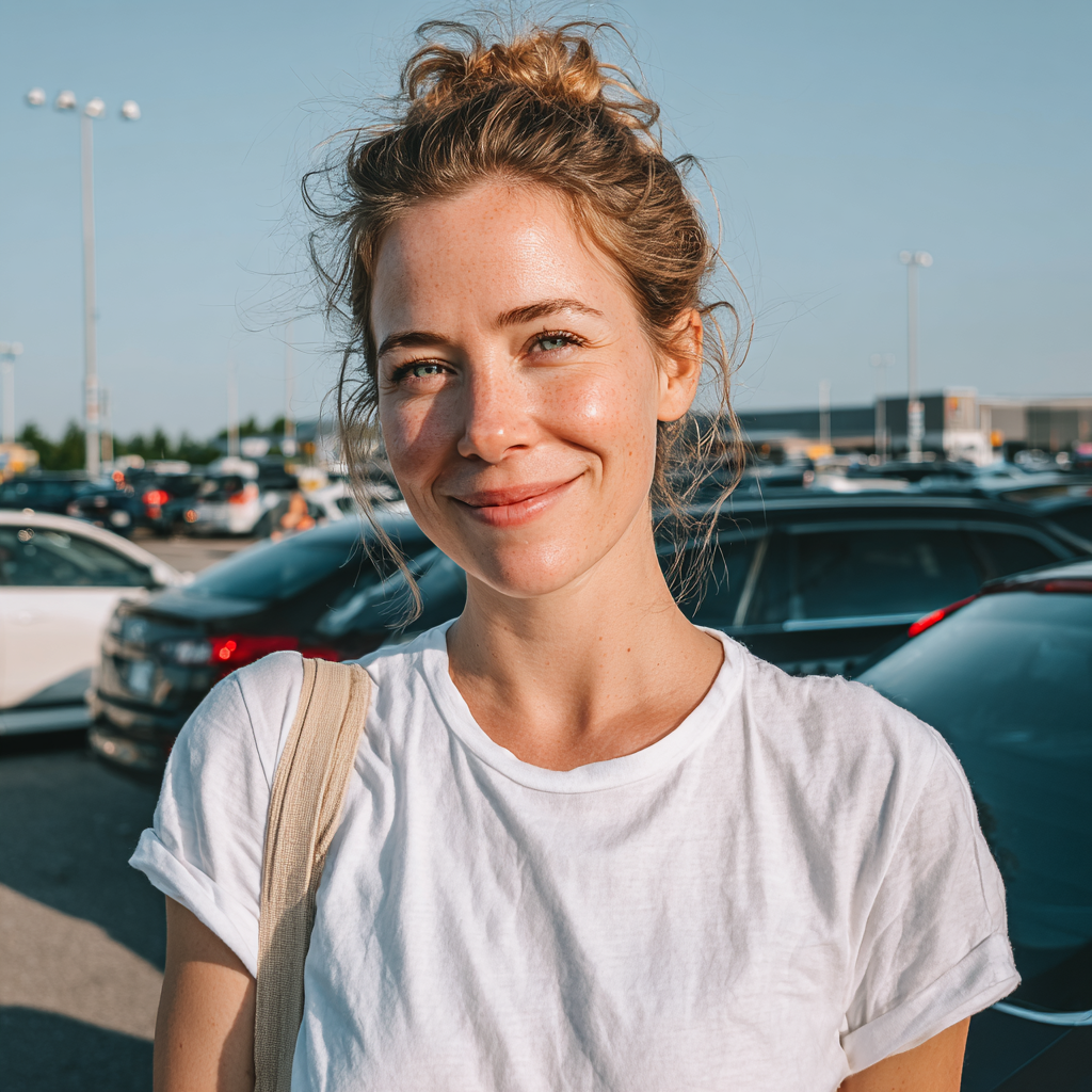 Una mujer sonriente de pie en un aparcamiento | Fuente: Midjourney