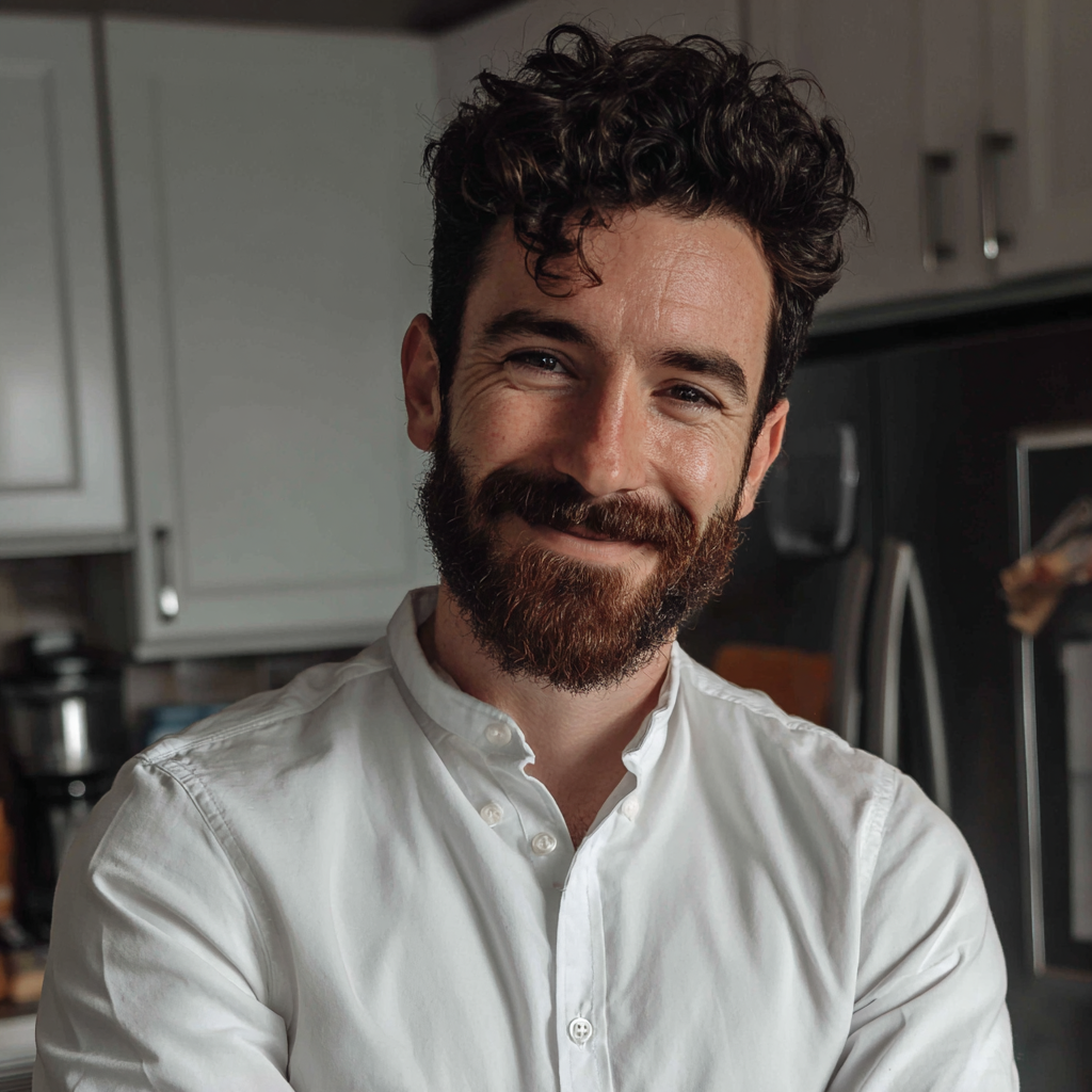 Un hombre sonriente de pie en una cocina | Fuente: Midjourney