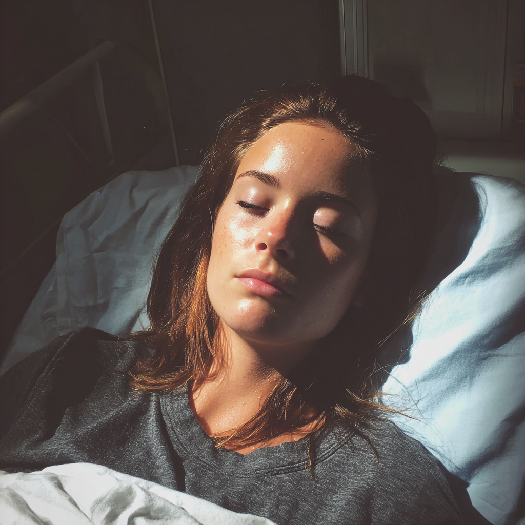 Una mujer tumbada en la cama de un hospital con los ojos cerrados | Fuente: Midjourney