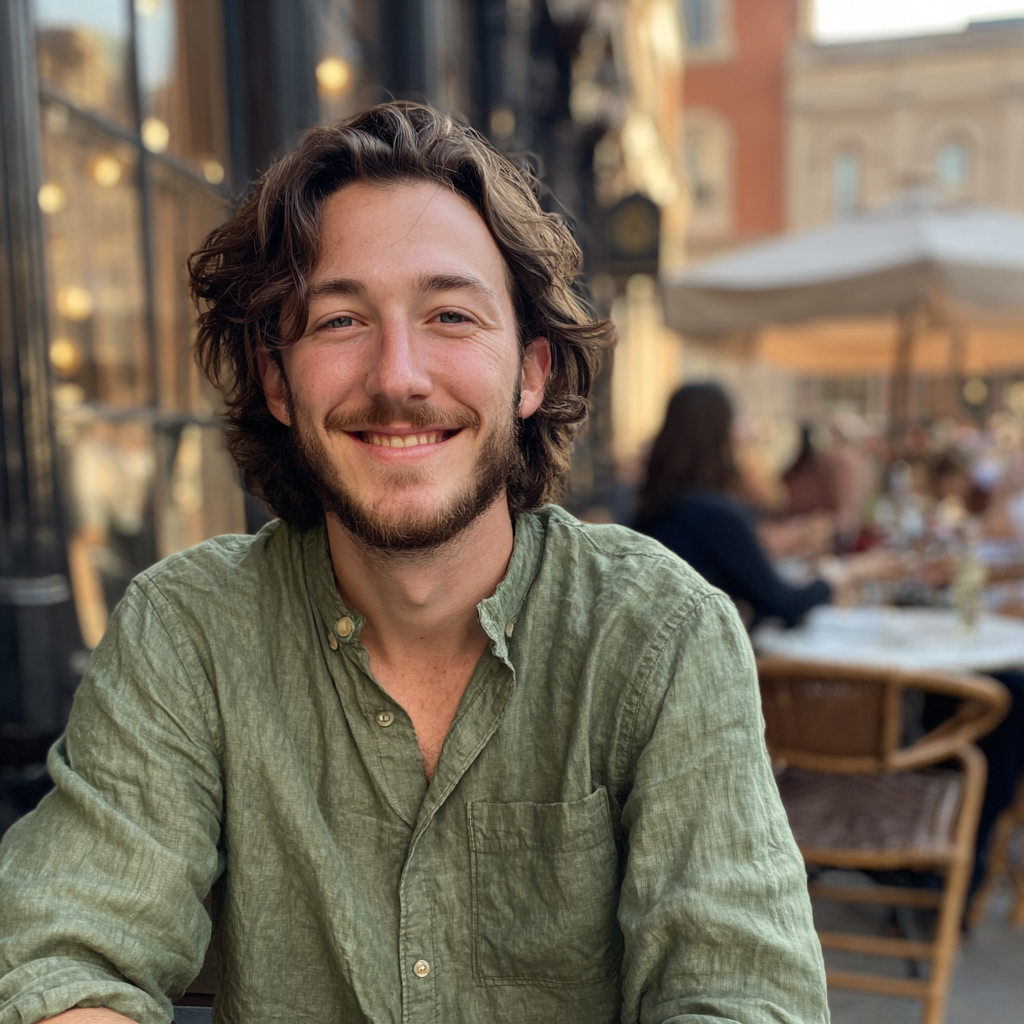 Un hombre sonriente sentado en una cafetería | Fuente: Midjourney