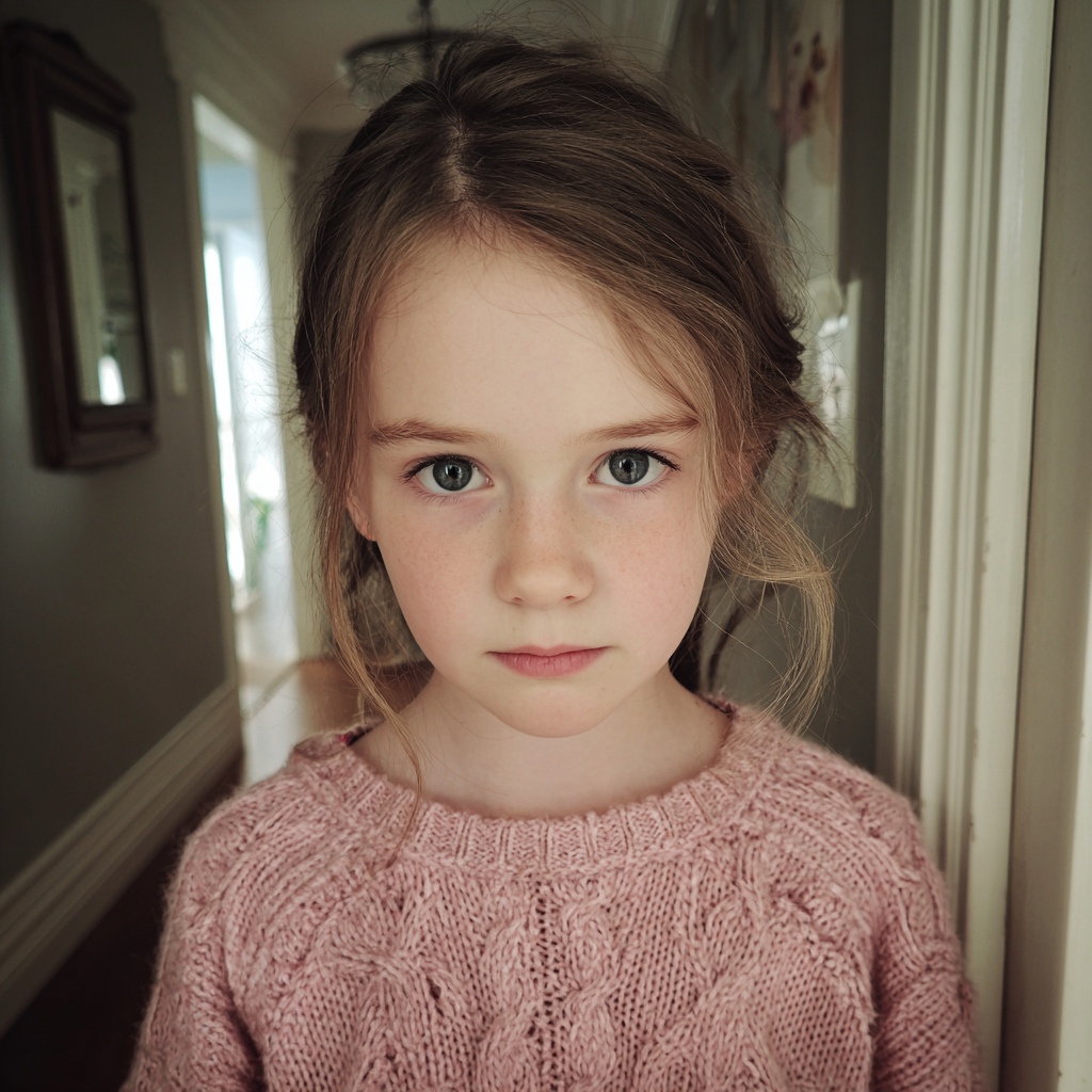 Primer plano de una niña con un jersey rosa | Fuente: Midjourney