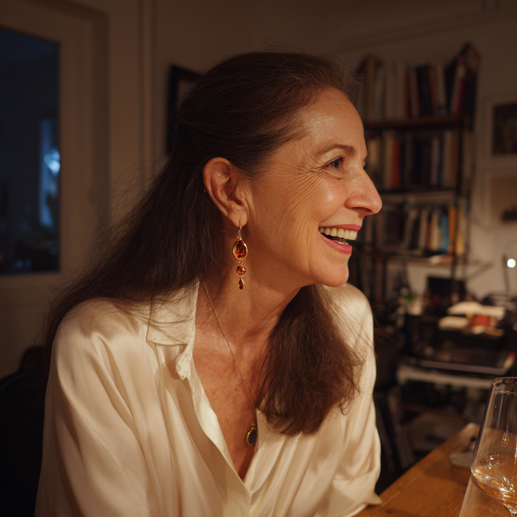 Una mujer sonriente con una blusa de seda blanca | Fuente: Midjourney