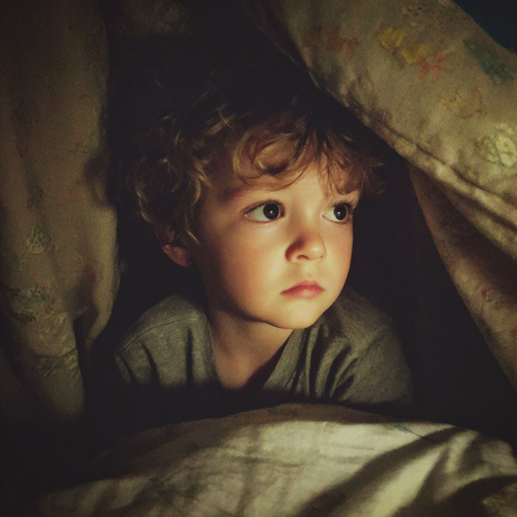 Un niño asustado envuelto bajo sus sábanas | Fuente: Midjourney