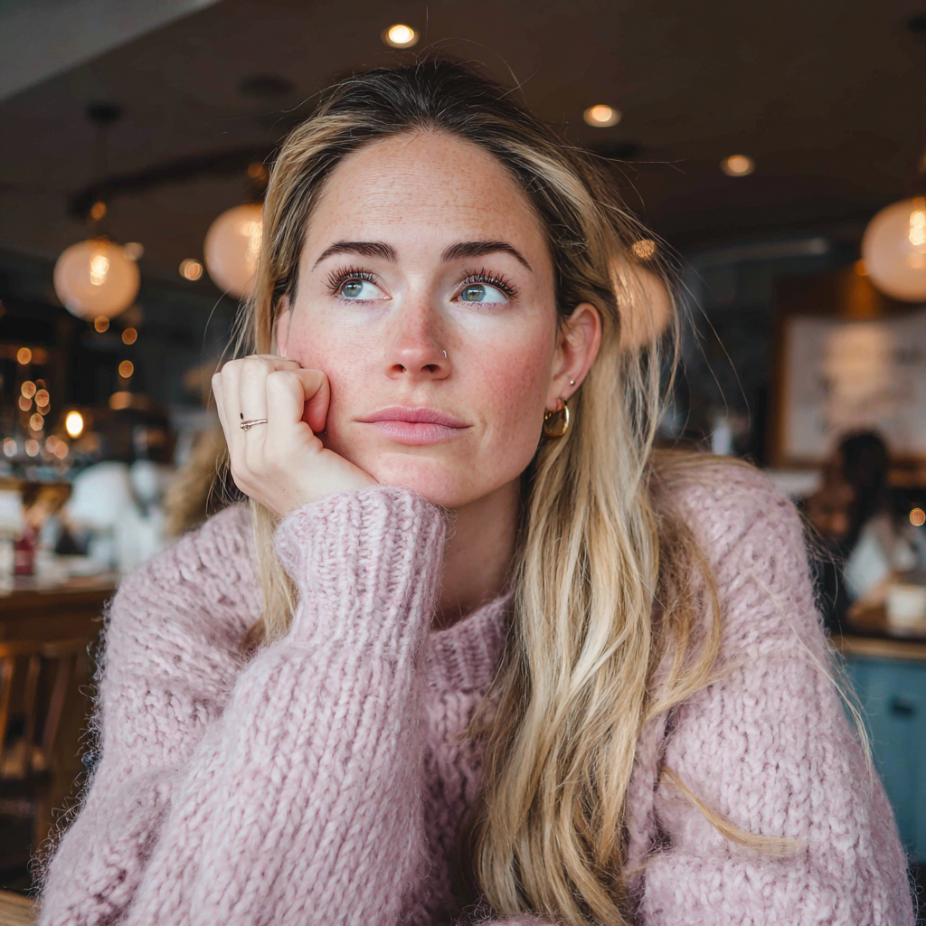 Una mujer emocional sentada en una cafetería | Fuente: Midjourney