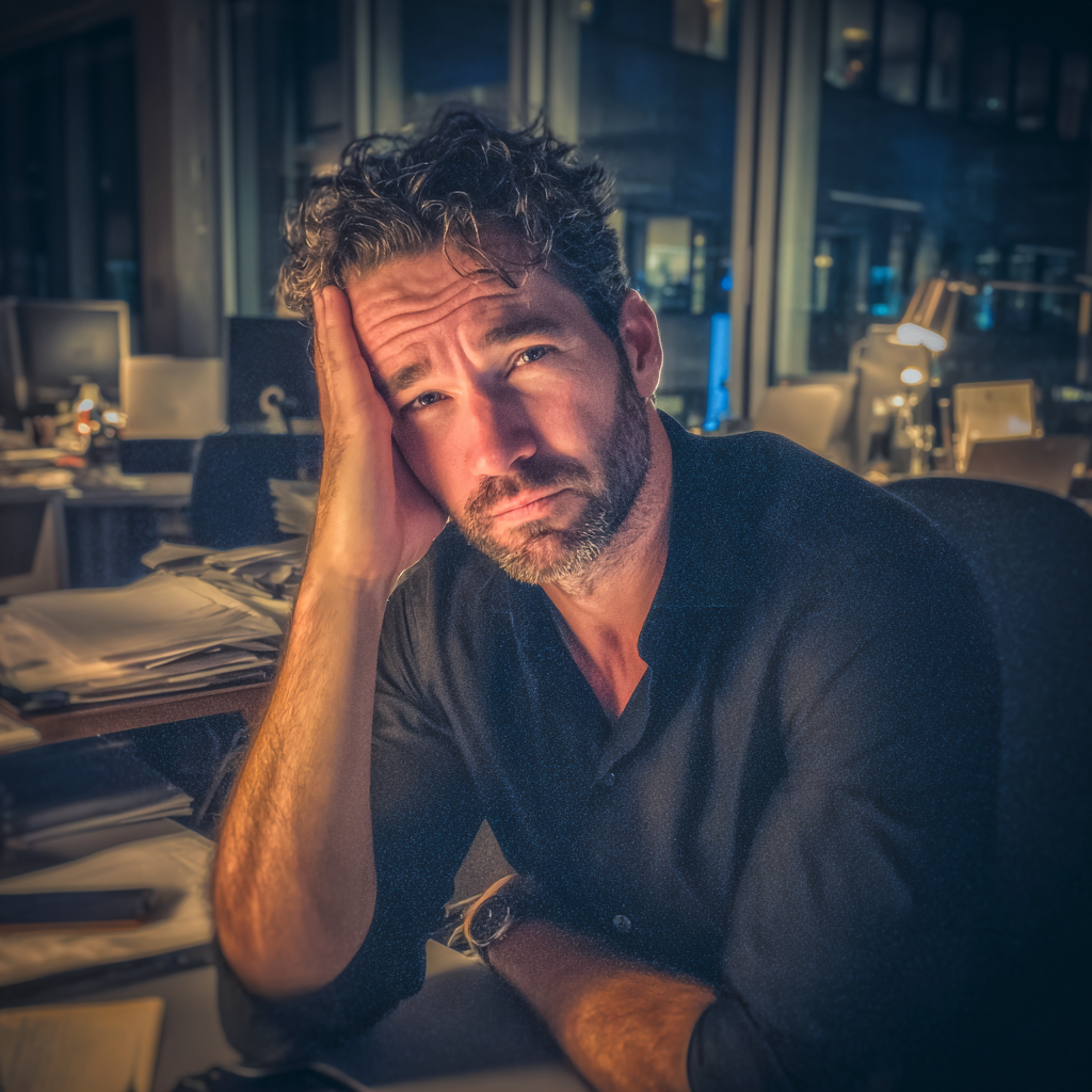 Un hombre con el ceño fruncido sentado en su escritorio | Fuente: Midjourney