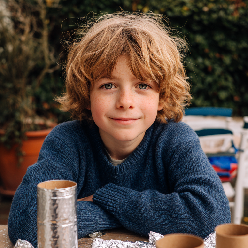 Un niño sentado en una mesa haciendo un cohete de papel de aluminio y cartón | Fuente: Midjourney