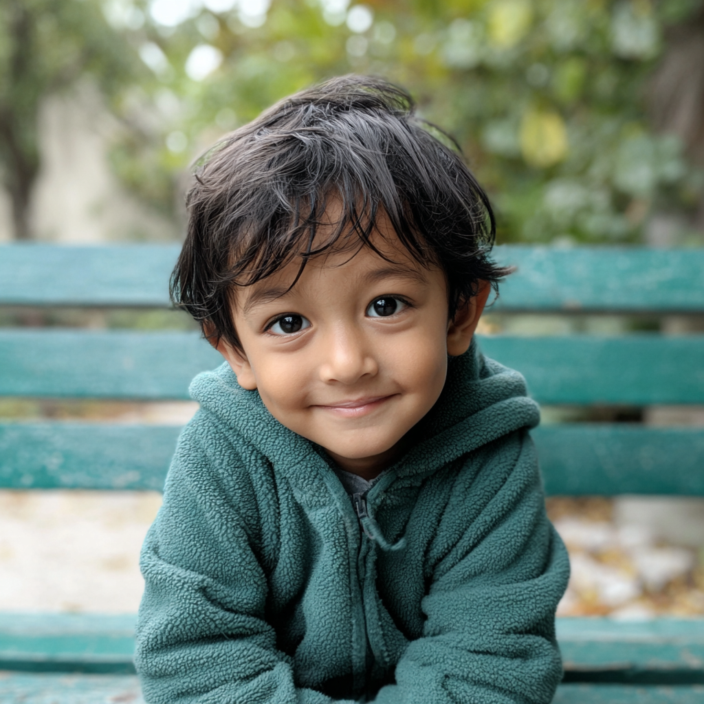 Un niño sonriente sentado en un banco del parque | Fuente: Midjourney