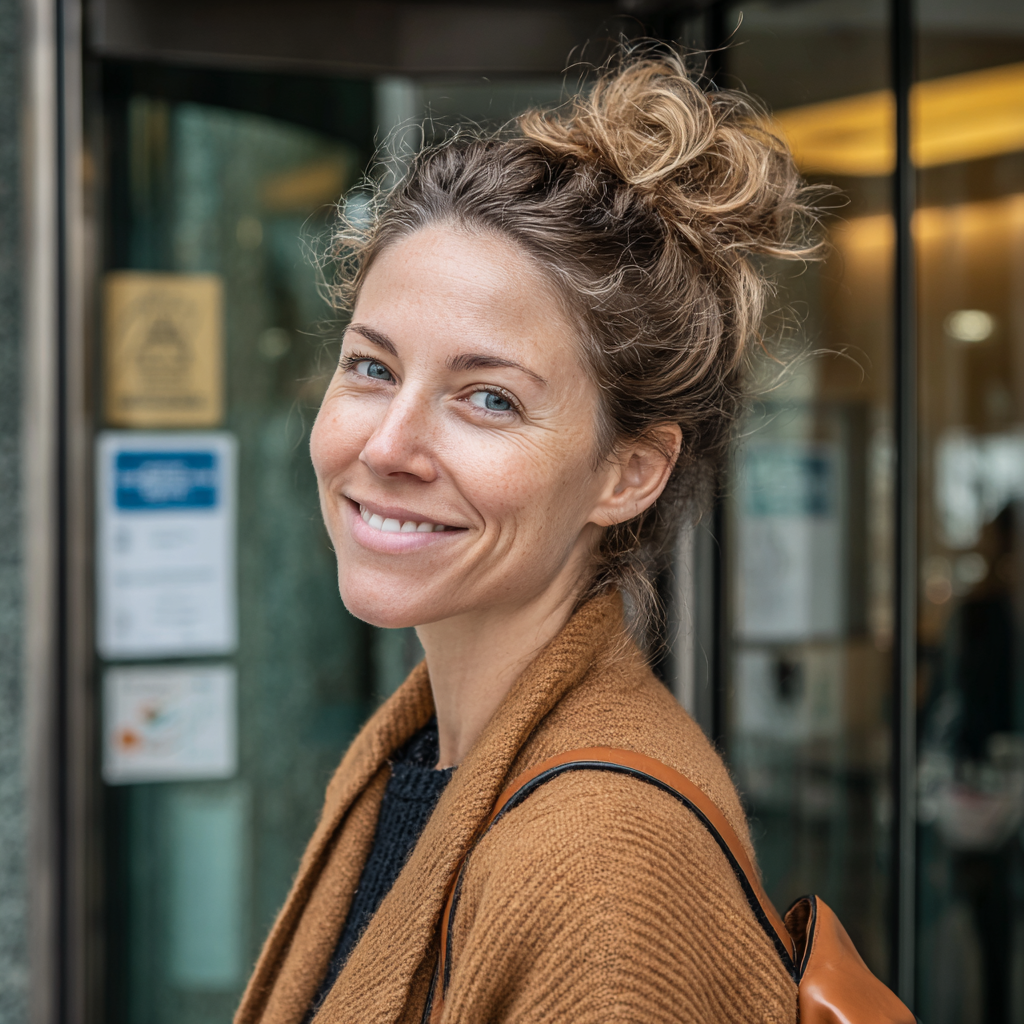 Una mujer sonriente delante de un banco | Fuente: Midjourney
