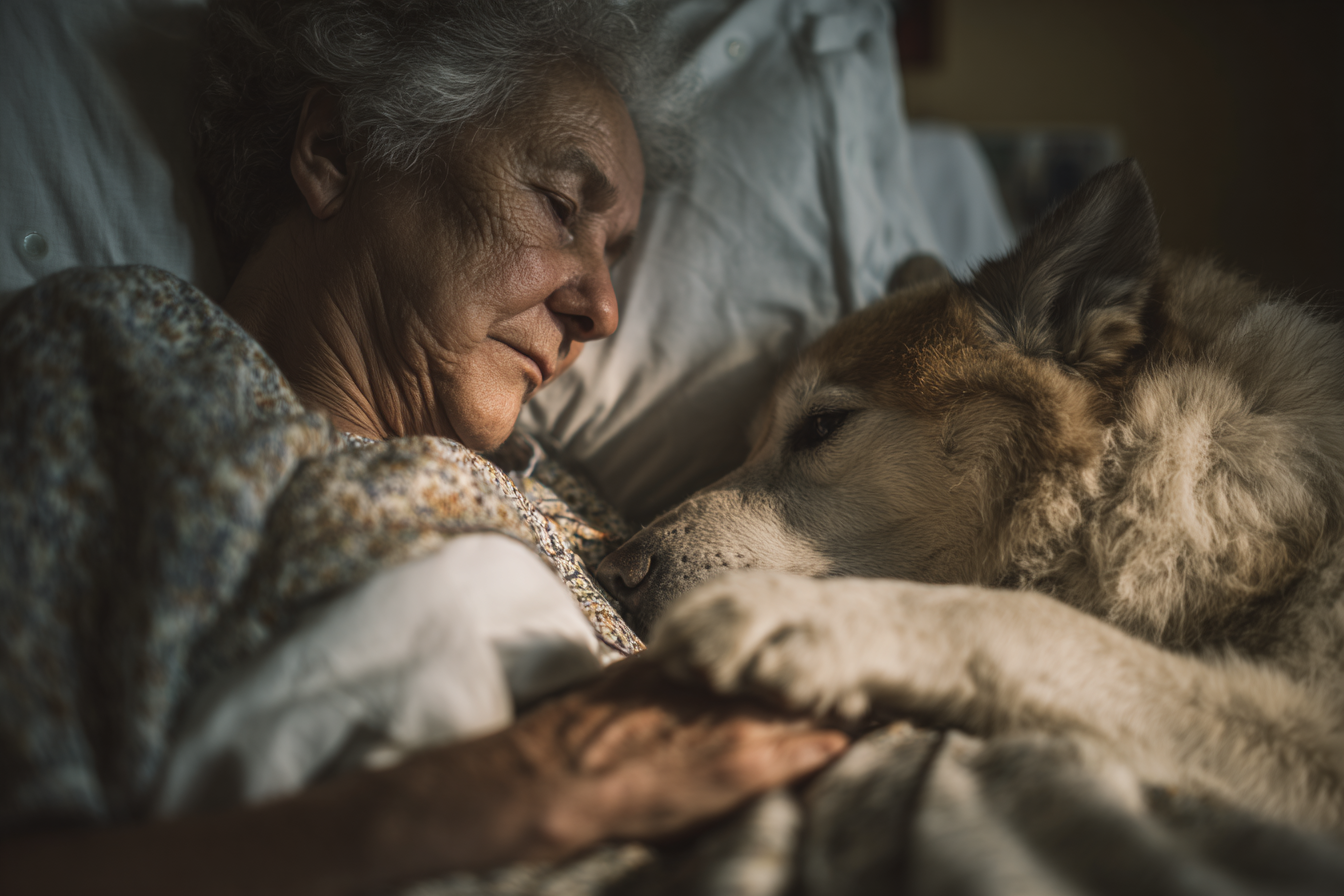 Un perro sentado junto a una mujer mayor | Fuente: Midjourney