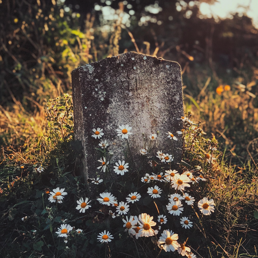 Flores creciendo alrededor de una lápida | Fuente: Midjourney