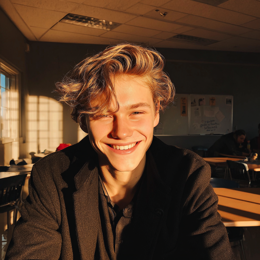 Un adolescente sonriente sentado en una clase | Fuente: Midjourney