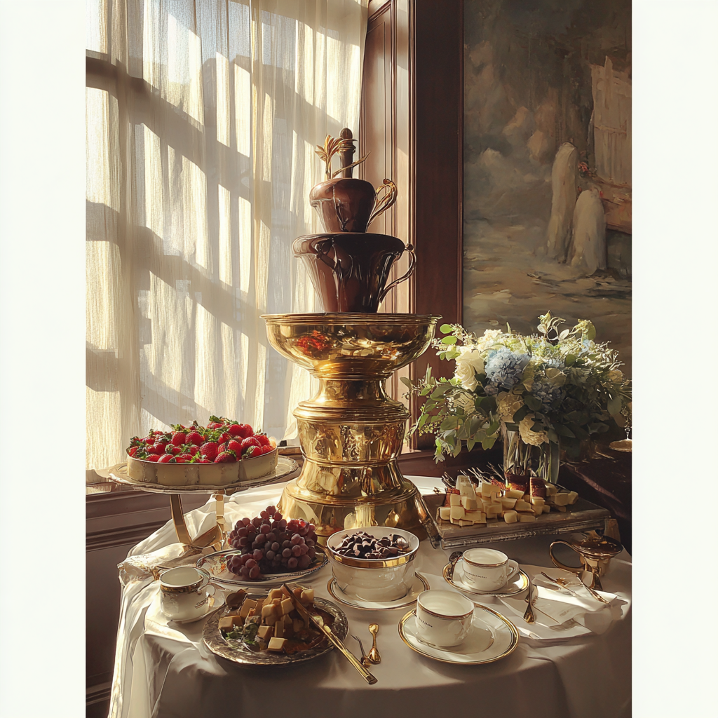 Una fuente de chocolate en una boda | Fuente: Midjourney