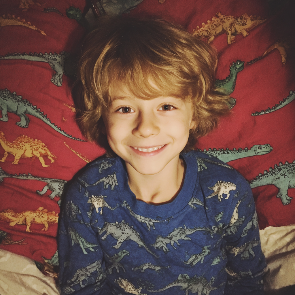 Un niño sonriente tumbado en su cama | Fuente: Midjourney