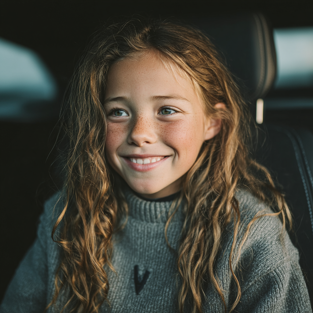 Una niña feliz en el asiento trasero de un Automóvil | Fuente: Midjourney