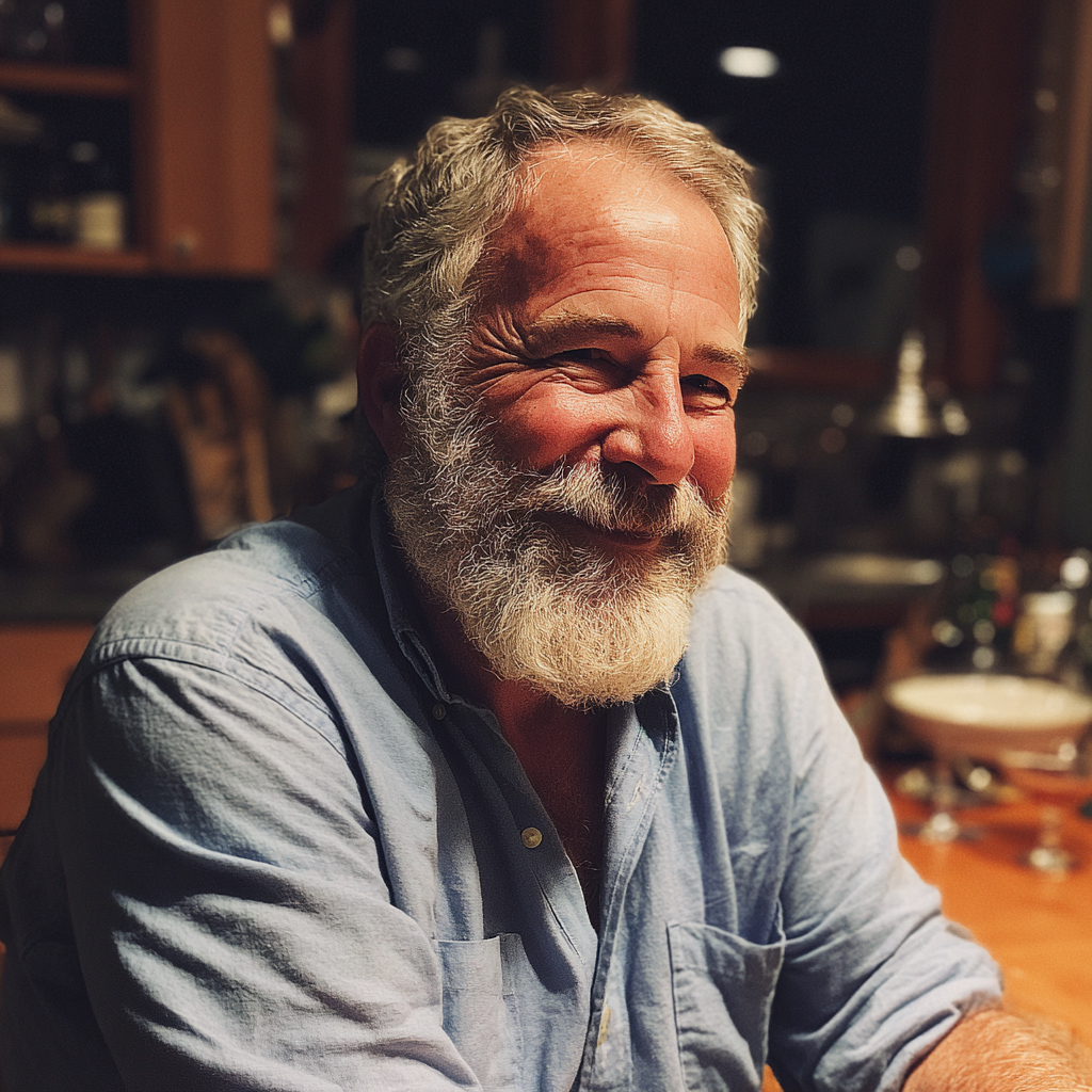 Un hombre sonriente sentado a una mesa | Fuente: Midjourney