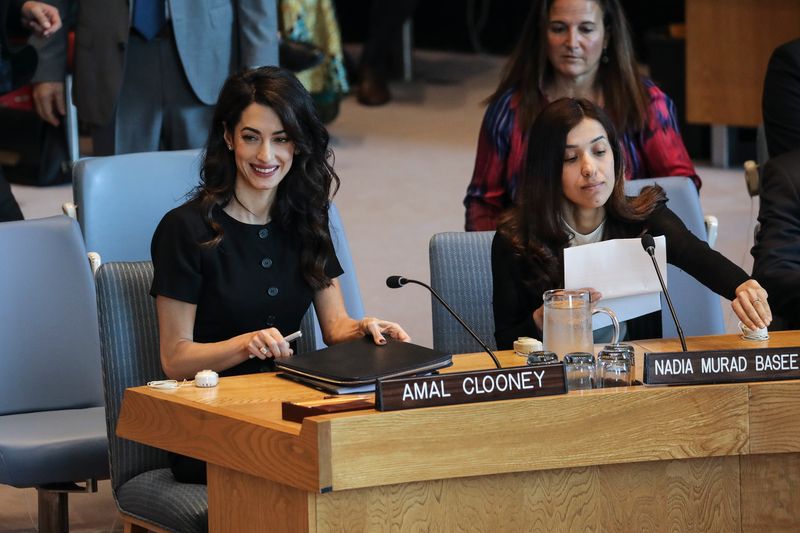 Amal Clooney y Nadia Murad Basee en una reunión del Consejo de Seguridad de las Naciones Unidas en la sede de la ONU en Nueva York el 23 de abril de 2019 | Fuente: Getty Images