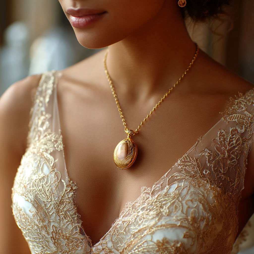 Primer plano de una novia con un medallón de oro | Fuente: Midjourney