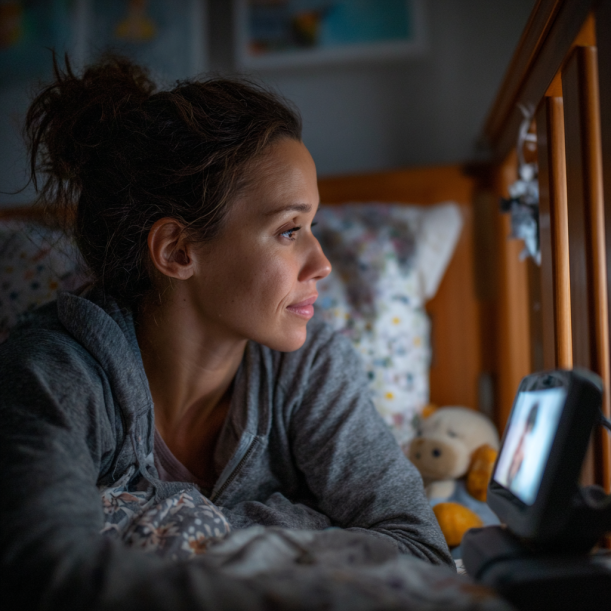 Una madre, alerta, escuchando un vigilabebés | Fuente: Midjourney
