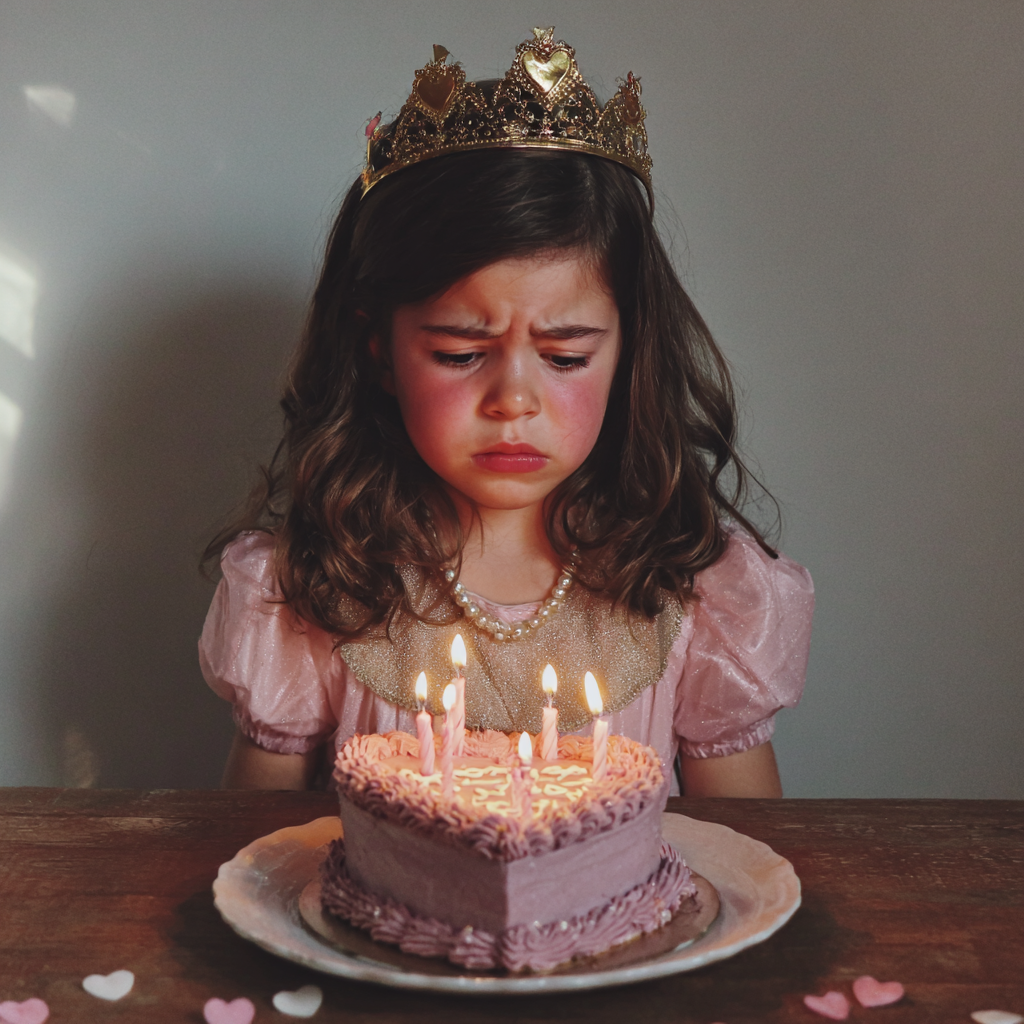 Una niña disgustada mirando su pastel de cumpleaños | Fuente: Midjourney