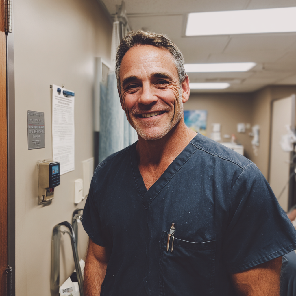 Un médico sonriente con bata | Fuente: Midjourney