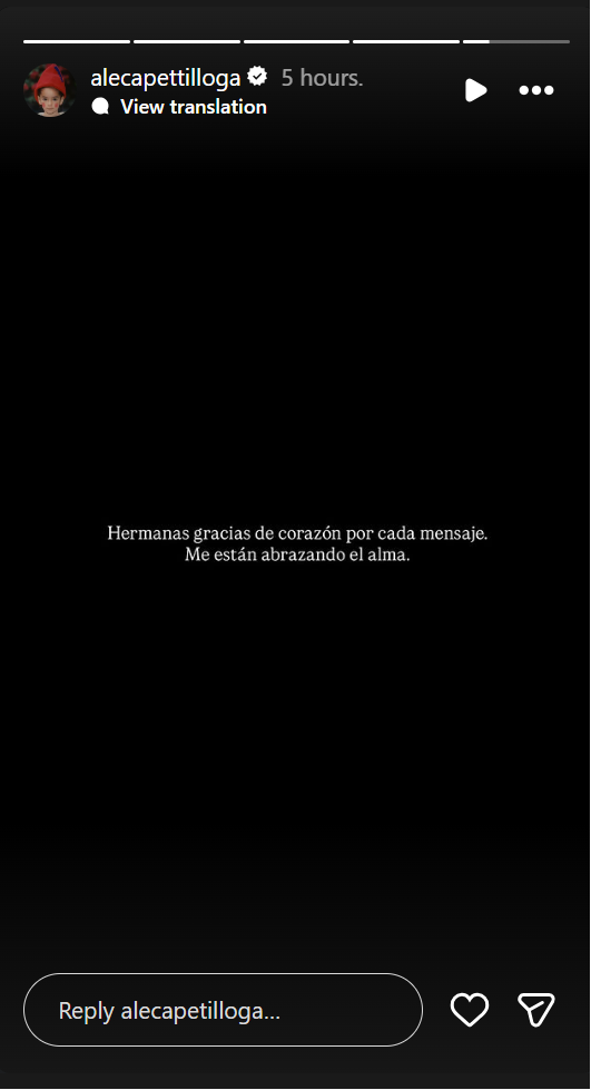 Mensaje de Alejandra Capetillo agradeciendo las palabras de condolencias tras el fallecimiento de su abuela María del Carmen Vázquez Alcaide | Fuente: Instagram Stories/alecapetilloga