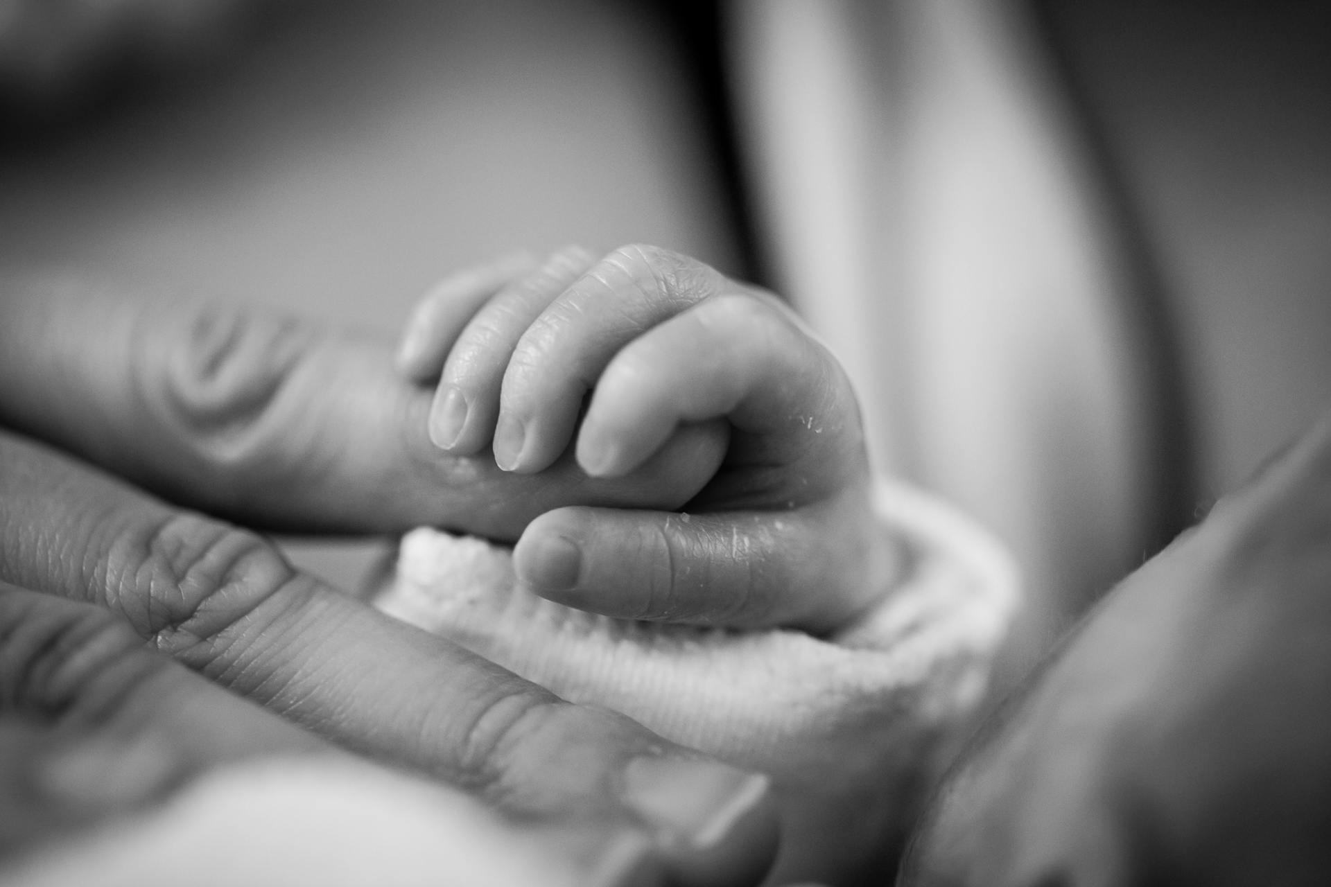 Foto en escala de grises de un bebé recién nacido sujetando un dedo | Fuente: Pexels