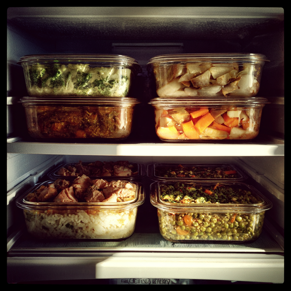 Contenedores de comida en un frigorífico | Fuente: Midjourney