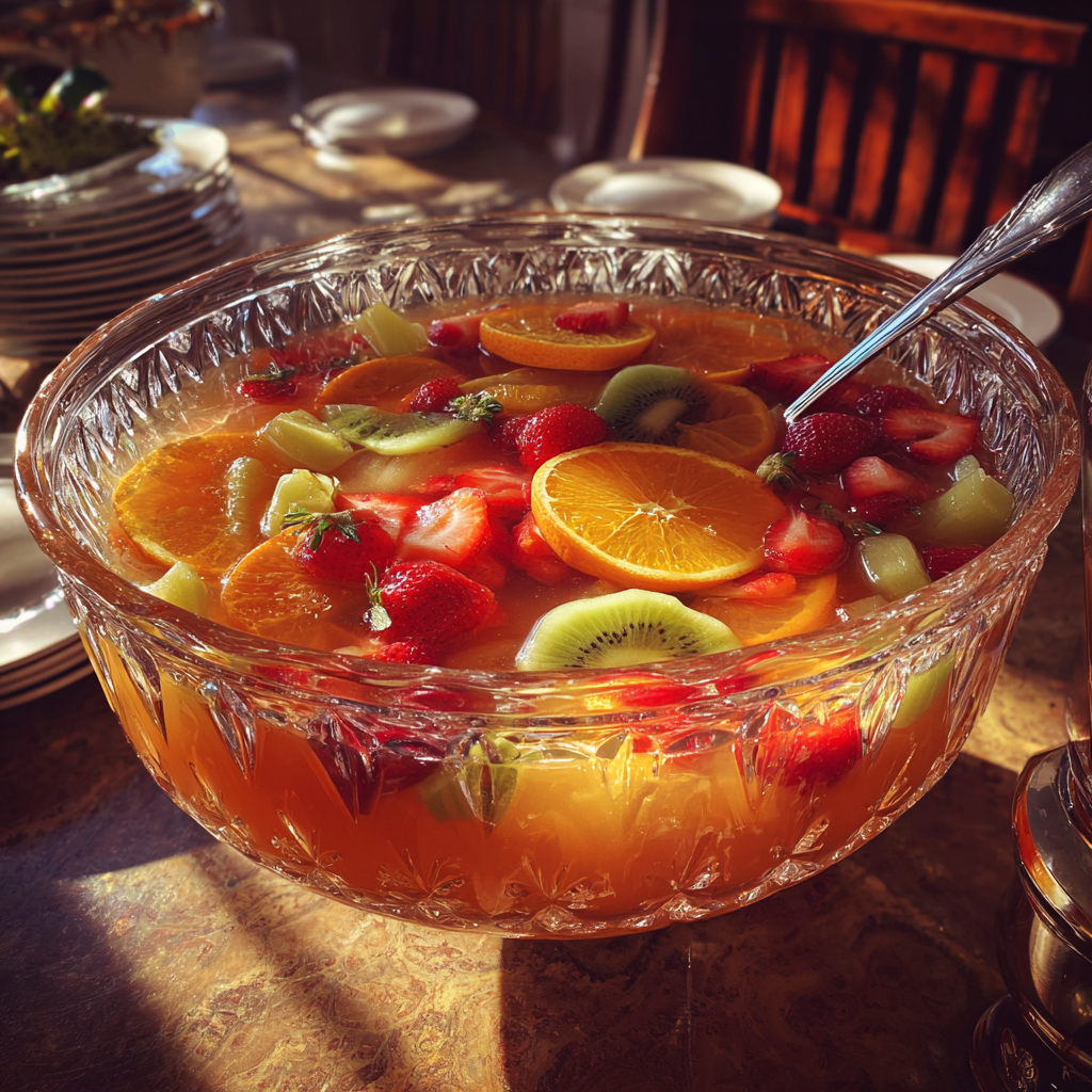 Un cuenco de ponche de frutas sobre una mesa | Fuente: Midjourney