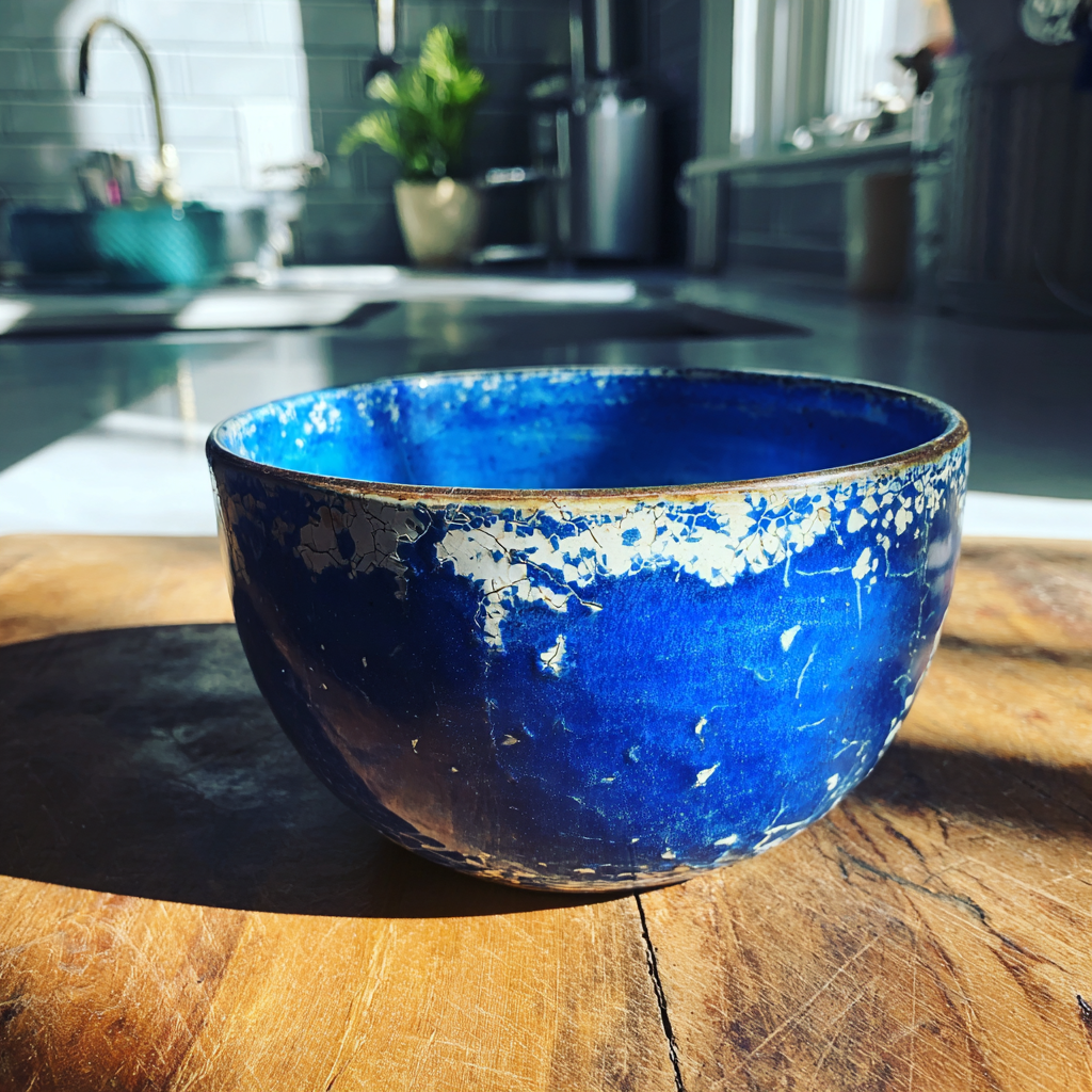 Un viejo cuenco azul sobre un mostrador | Fuente: Midjourney
