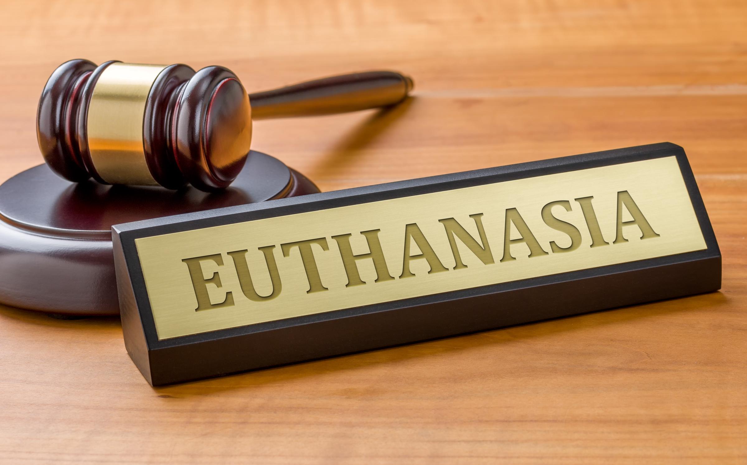Un martillo de juez sobre una mesa junto a un cartel con la palabra "eutanasia" | Fuente: Shutterstock