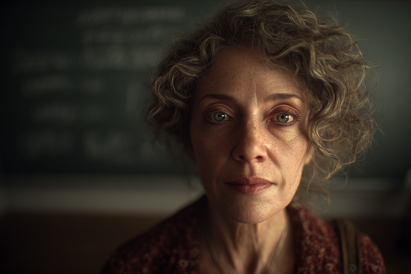 Una mujer de pie en un aula | Fuente: Midjourney