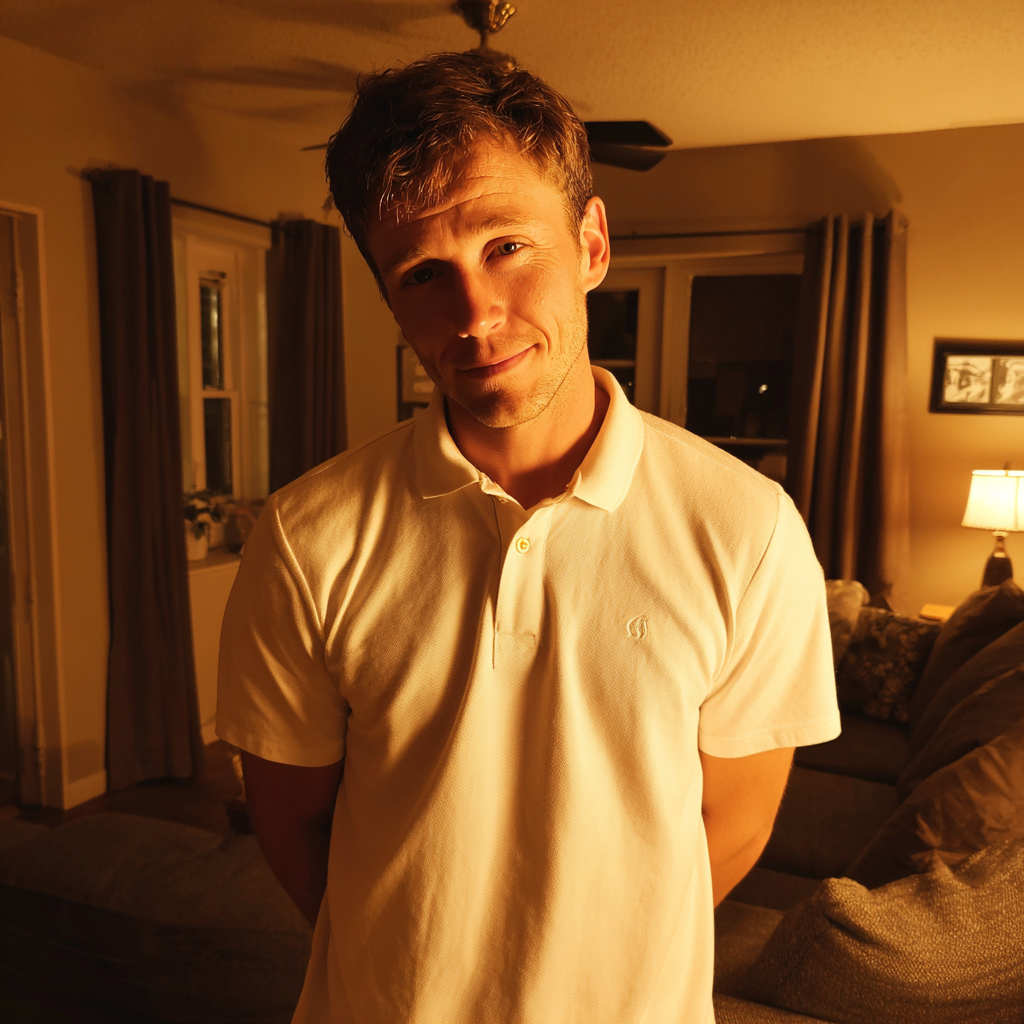 Un hombre tímido de pie en una sala de estar | Fuente: Midjourney