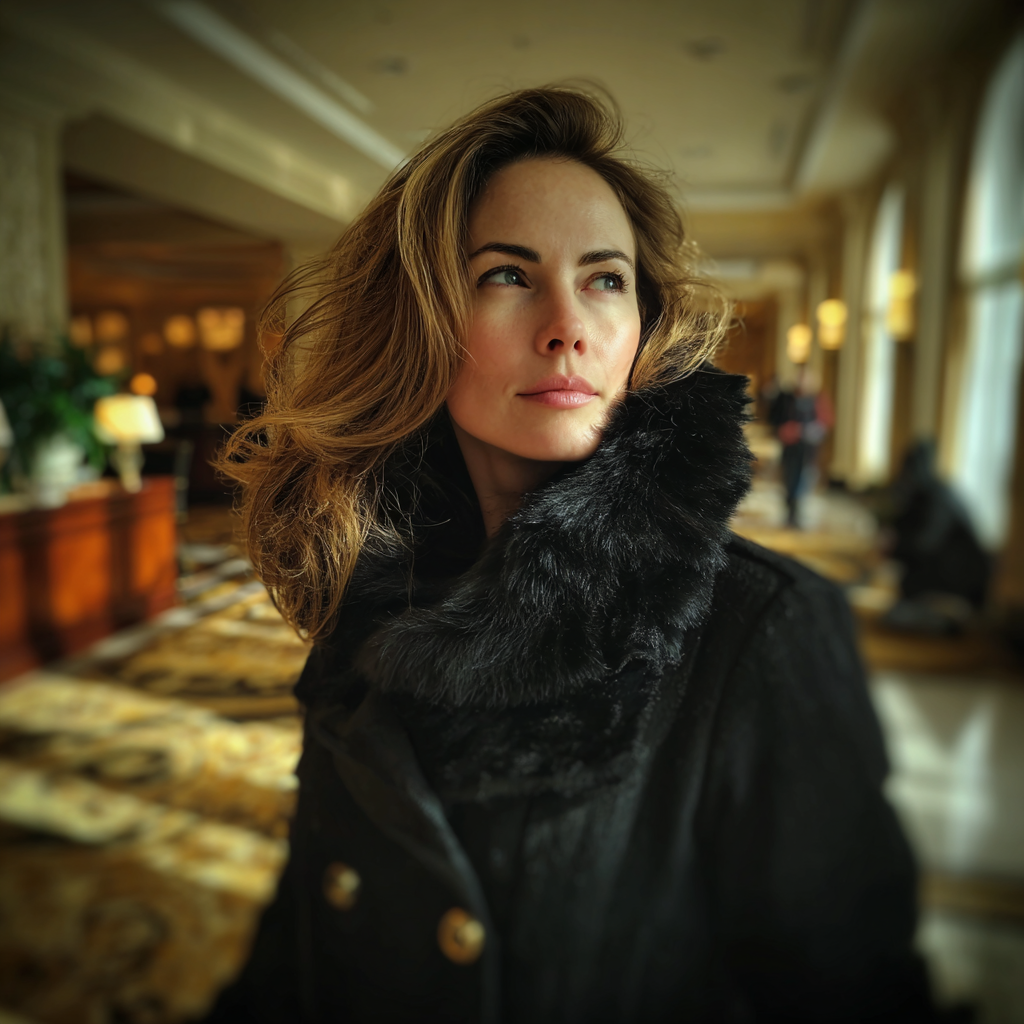 Una mujer de pie en un vestíbulo | Fuente: Midjourney