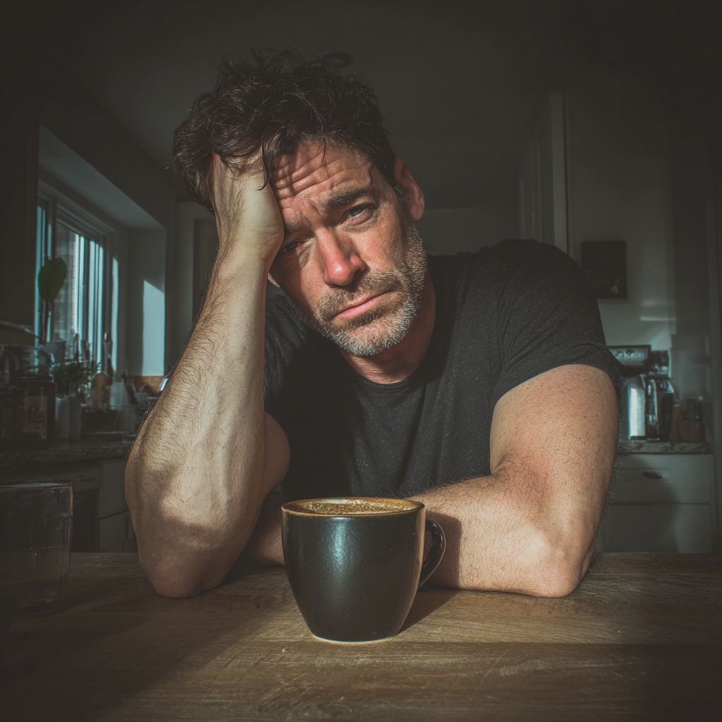 Un hombre exhausto sentado a la mesa de la cocina | Fuente: Midjourney