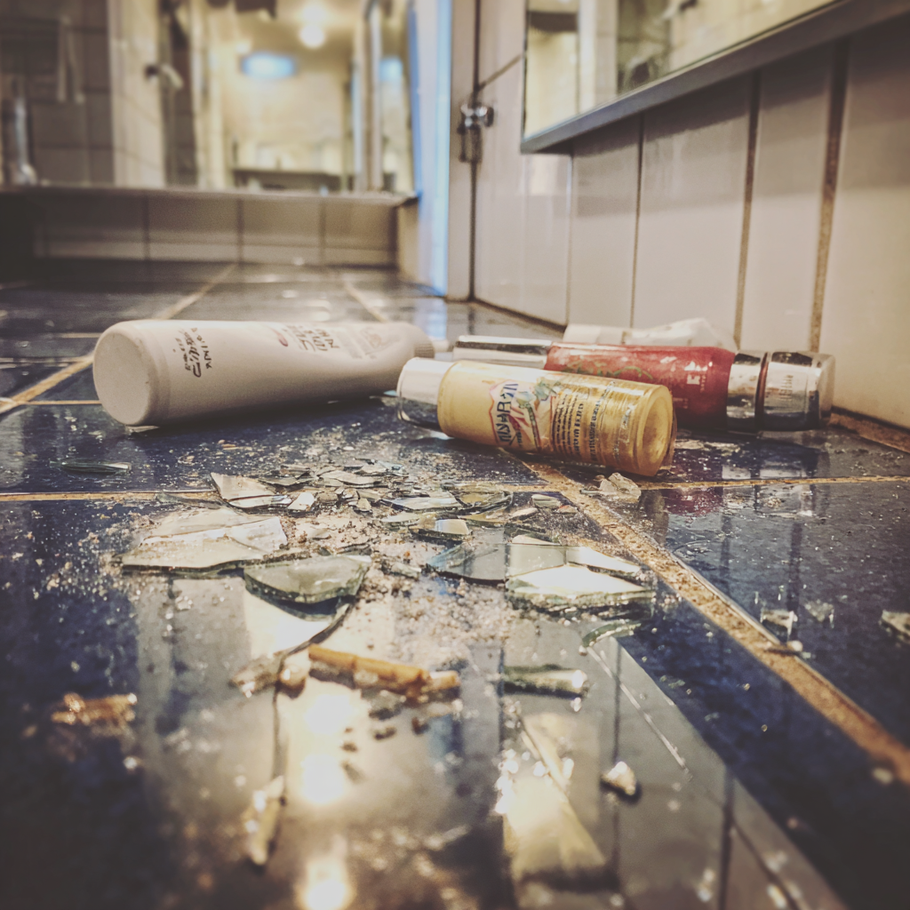Artículos de tocador esparcidos y cristales rotos en el suelo de un cuarto de baño | Fuente: Midjourney