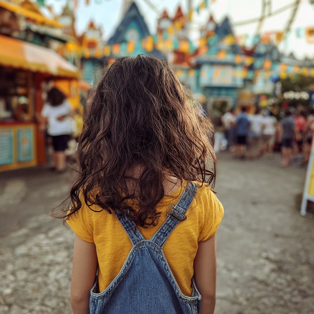 Una niña de pie en un parque de atracciones | Fuente: Midjourney