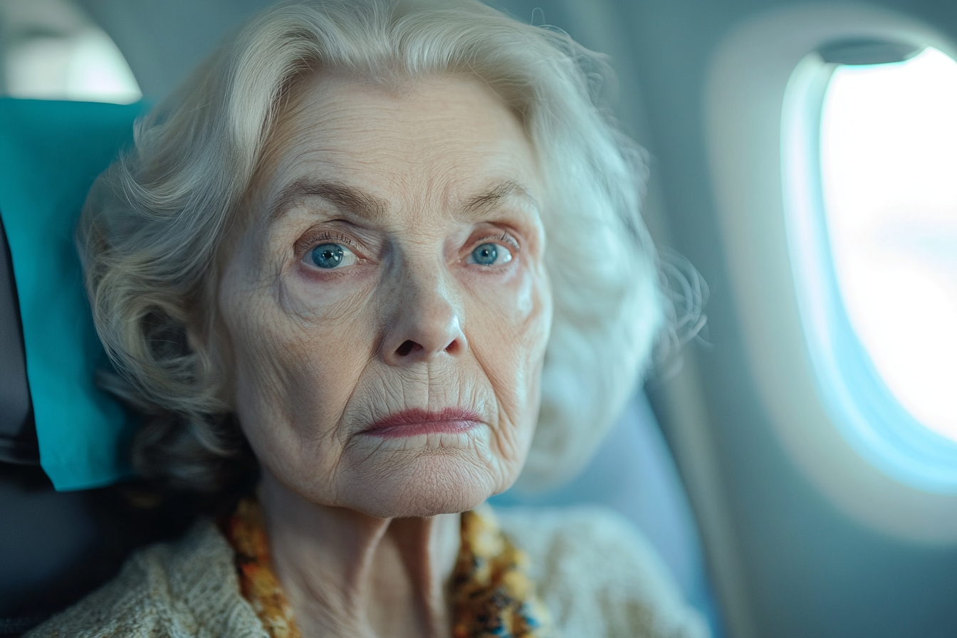 Una mujer mayor sentada en un avión | Fuente: Midjourney