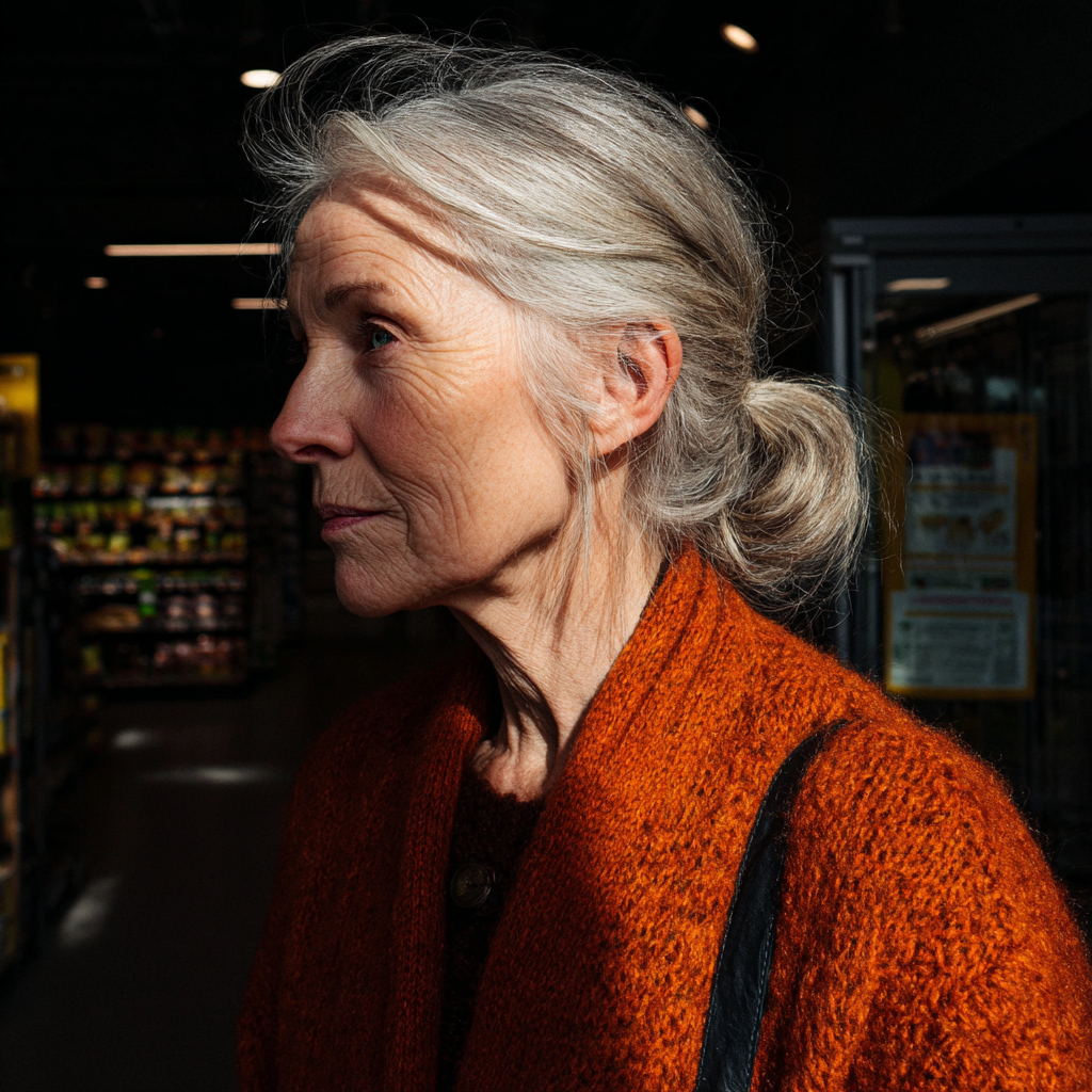 Una anciana con una rebeca naranja | Fuente: Midjourney