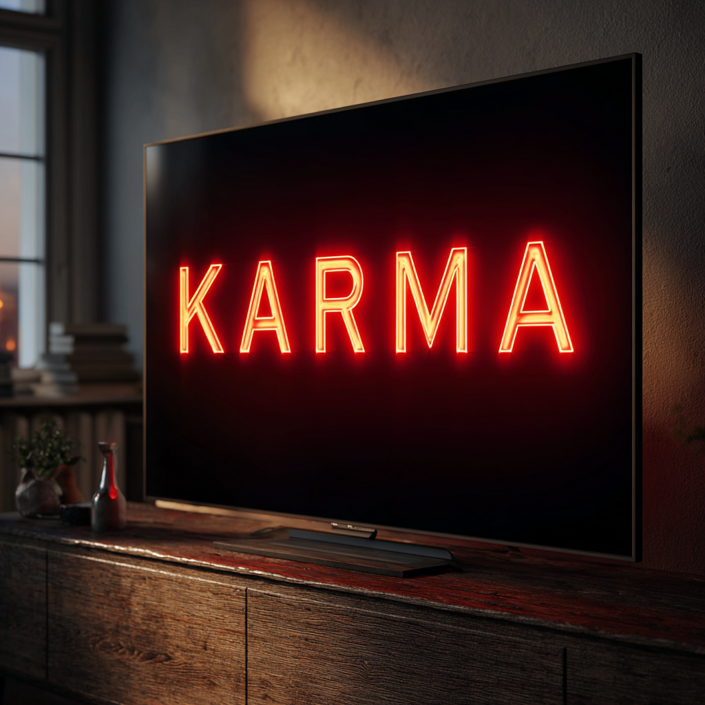 La palabra "KARMA" parpadeando en la pantalla de un televisor | Fuente: Midjourney