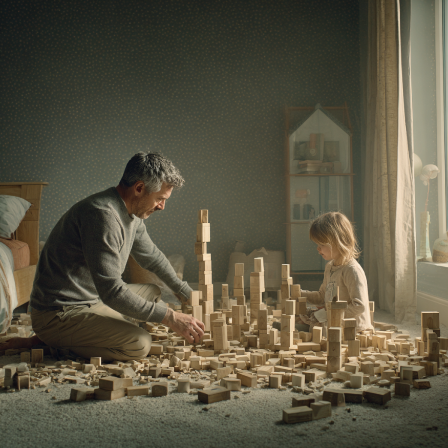 Un hombre y una niña pequeña jugando con bloques | Fuente: Midjourney