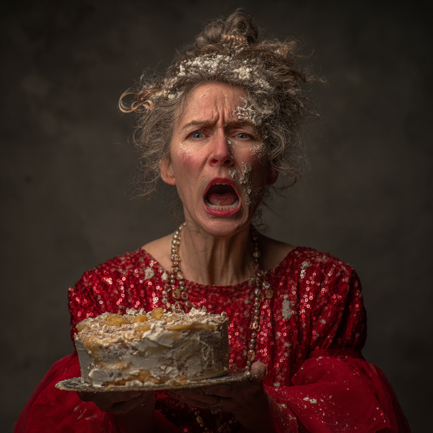 Una mujer con pastel en la cara | Fuente: Midjourney