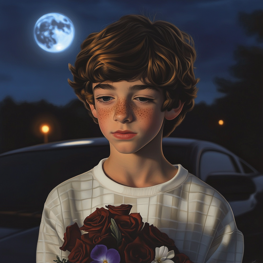 Un niño con un ramo de flores y de pie al aire libre cerca de un Automóvil | Fuente: Midjourney